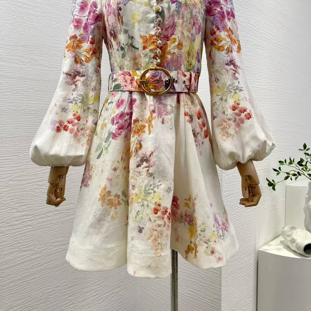 Linen Floral Lantern Sleeve Dress –  Belted Button-Down For Summer & Fall