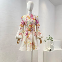 Linen Floral Lantern Sleeve Dress –  Belted Button-Down For Summer & Fall