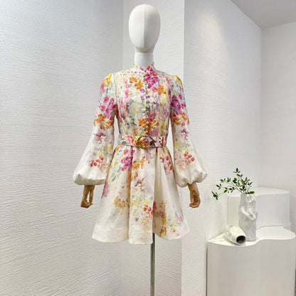 Linen Floral Lantern Sleeve Dress –  Belted Button-Down For Summer & Fall