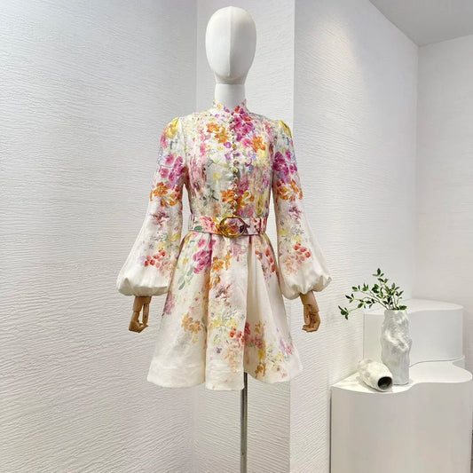 Linen Floral Lantern Sleeve Dress –  Belted Button-Down For Summer & Fall