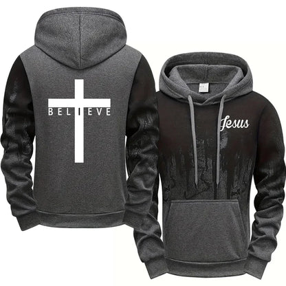 “Jesus Believe Men’s Christian Hoodie | Faith Cross Hoodie Pullover | Olive Green Jesus Hoodie by Gather & Co. LLC”