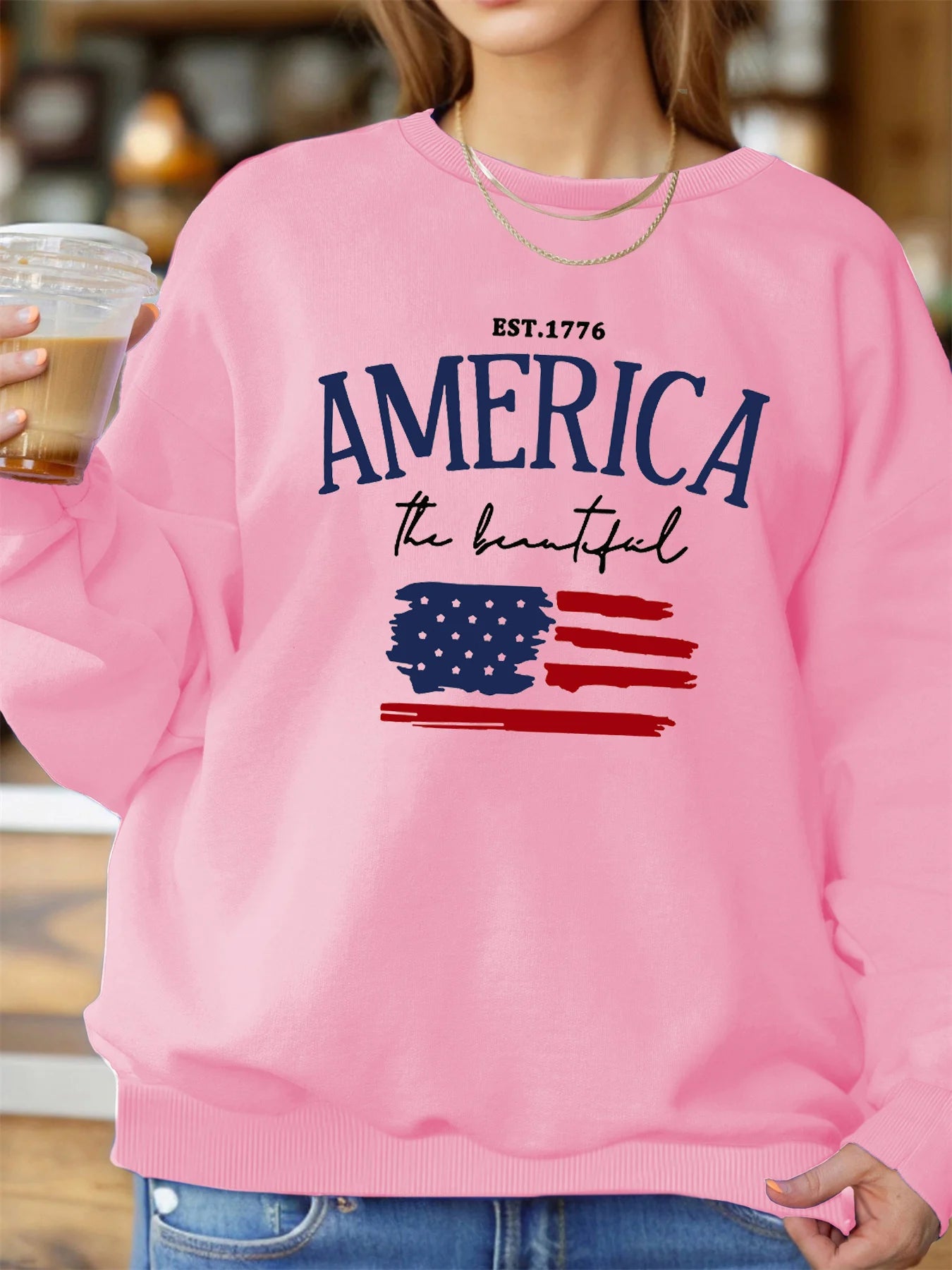 America Flag Graphic Pullover – Cozy Fall/Winter Sweatshirt for Women