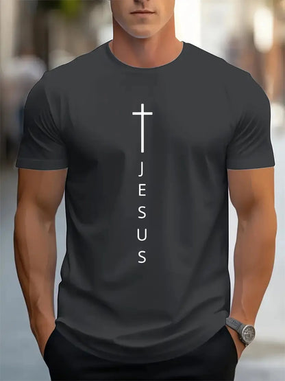 Men’s Casual Cross + Jesus Letter Printed T-shirt – Short Sleeve