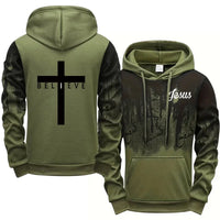 “Jesus Believe Men’s Christian Hoodie | Faith Cross Hoodie Pullover | Olive Green Jesus Hoodie by Gather & Co. LLC”