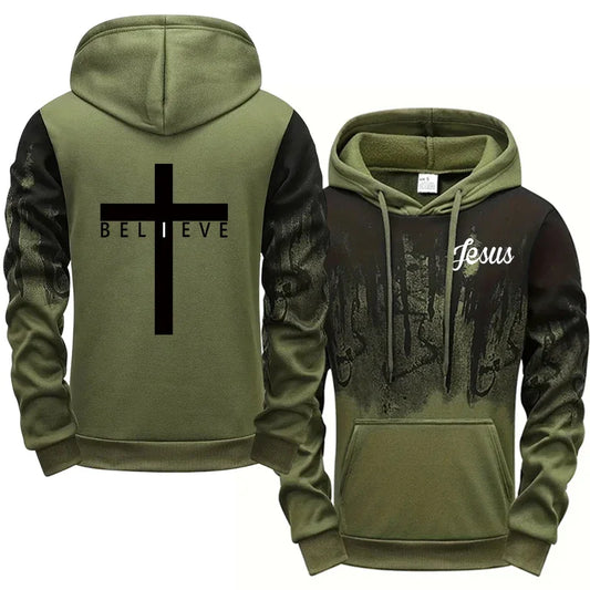 “Jesus Believe Men’s Christian Hoodie | Faith Cross Hoodie Pullover | Olive Green Jesus Hoodie by Gather & Co. LLC”