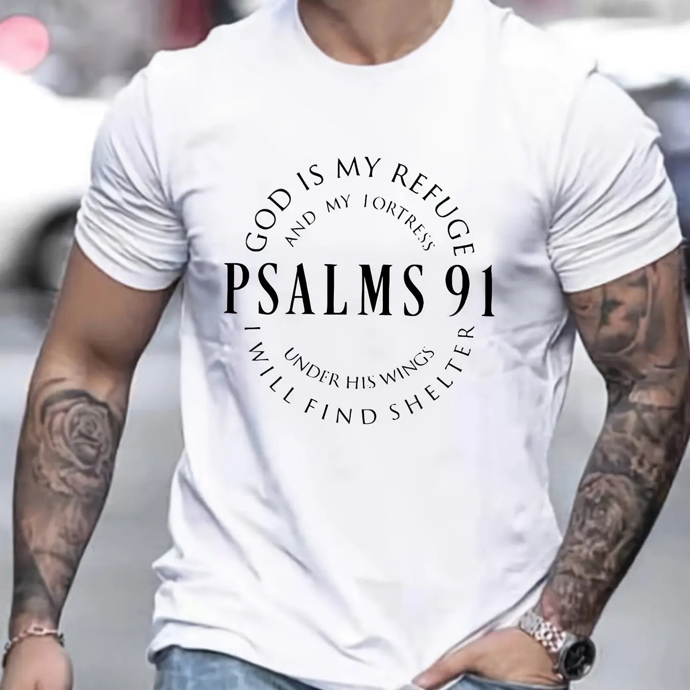 Men’s Psalms 91 T-Shirt – Christian Bible Verse Tee, Short Sleeve, Cotton