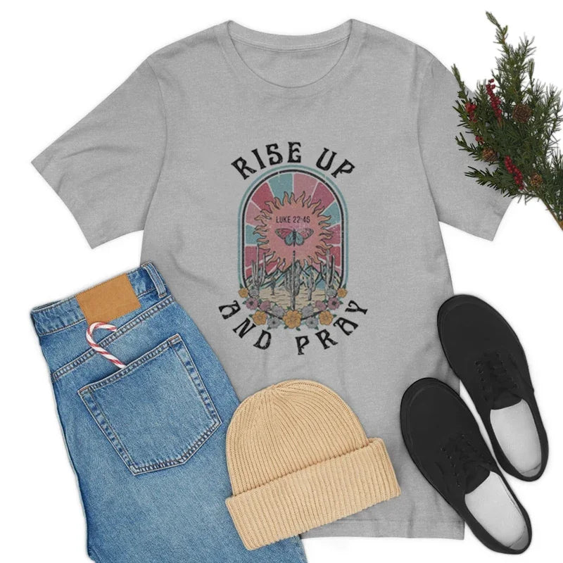 Rise Up and Pray Tee – Retro Boho Christian Graphic T-Shirt