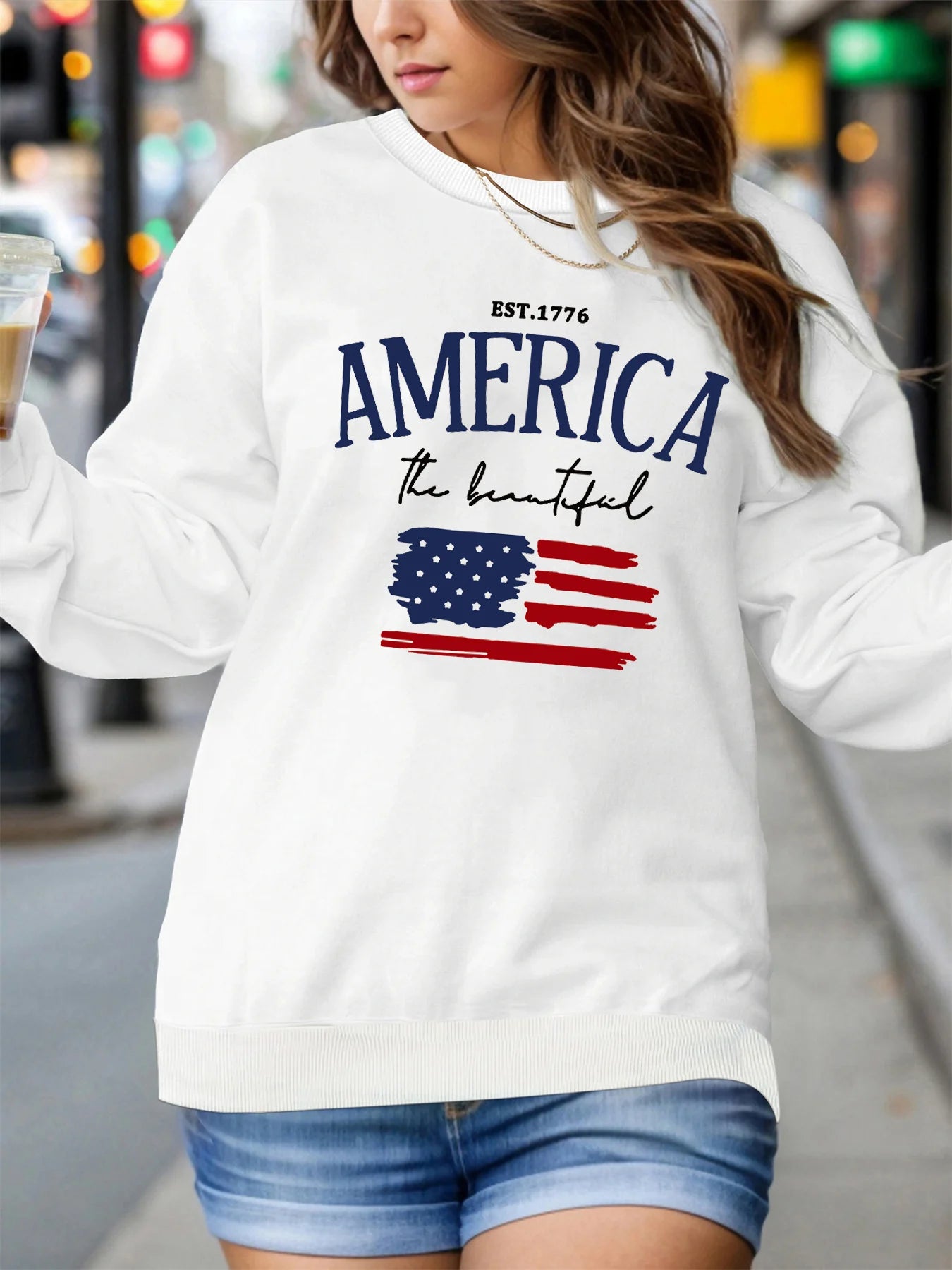 America Flag Graphic Pullover – Cozy Fall/Winter Sweatshirt for Women
