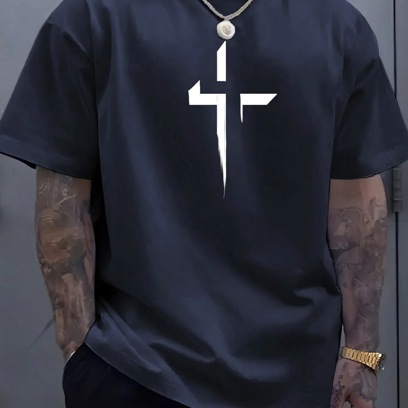 Cross Printed Tee – Men’s Christian Summer Shirt | Soft Cotton, Loose Fit