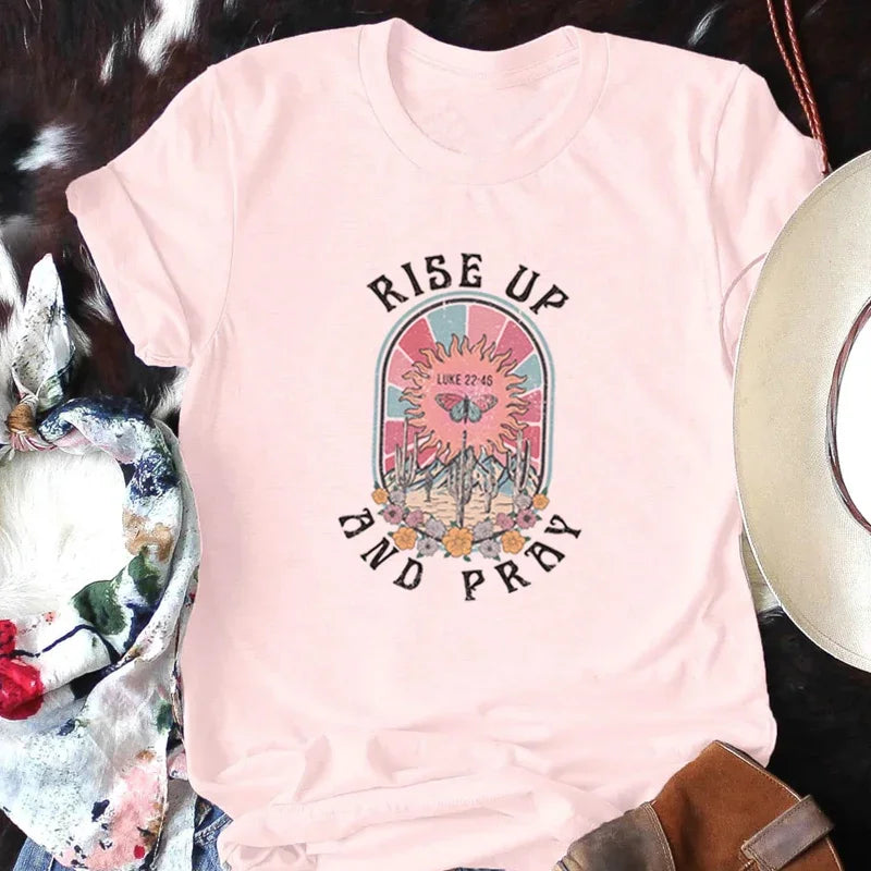 Rise Up and Pray Tee – Retro Boho Christian Graphic T-Shirt