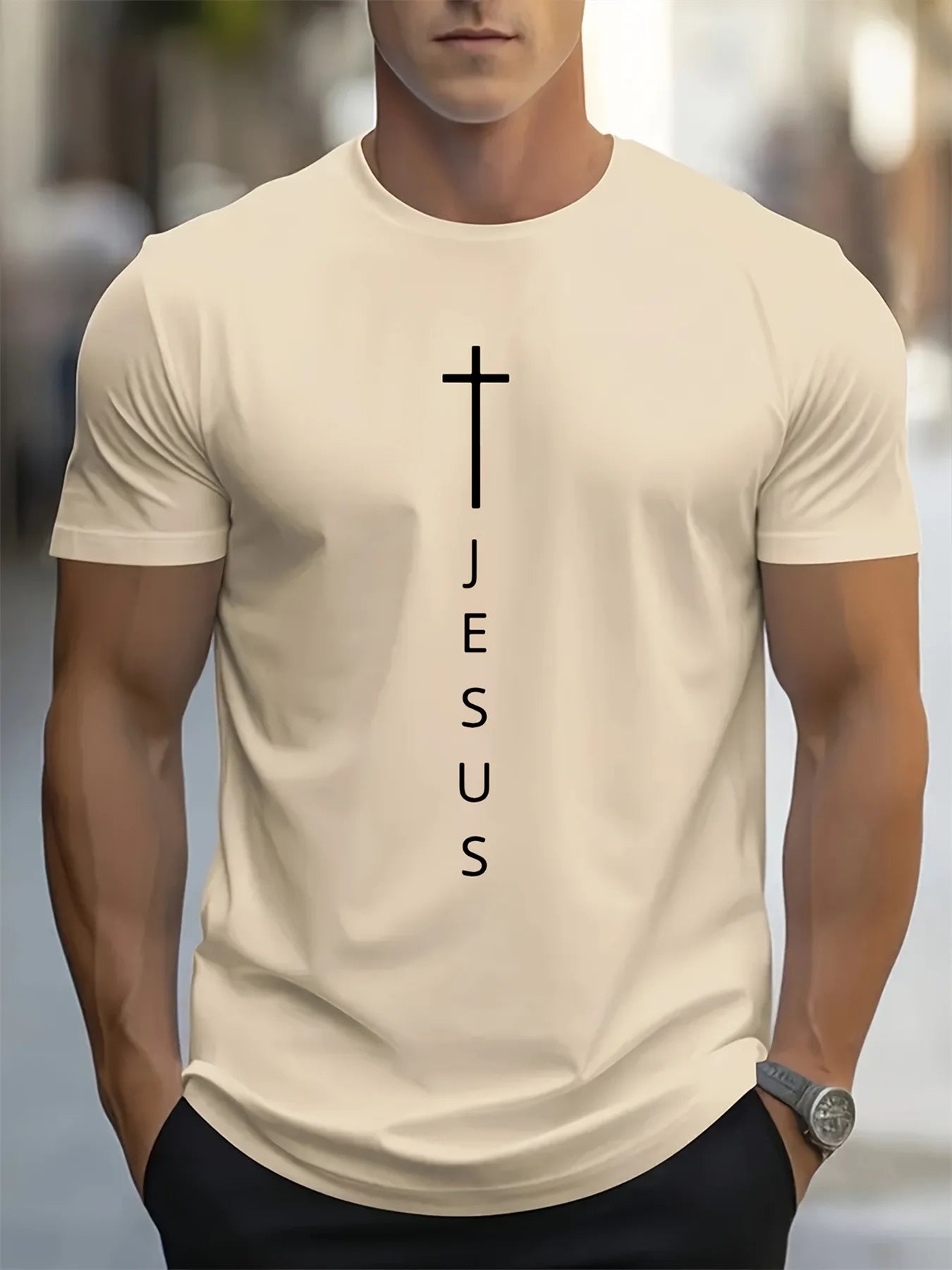 Men’s Casual Cross + Jesus Letter Printed T-shirt – Short Sleeve