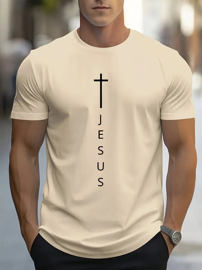 Men’s Casual Cross + Jesus Letter Printed T-shirt – Short Sleeve