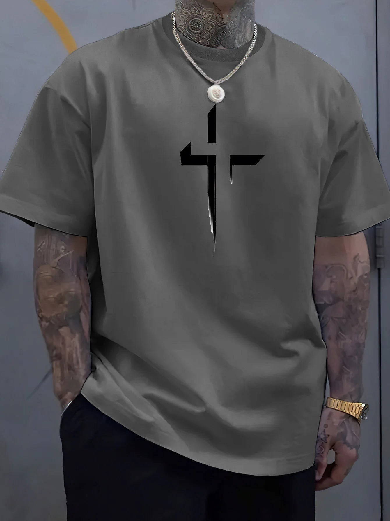 Cross Printed Tee – Men’s Christian Summer Shirt | Soft Cotton, Loose Fit