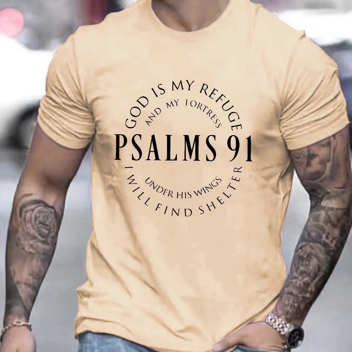 Men’s Psalms 91 T-Shirt – Christian Bible Verse Tee, Short Sleeve, Cotton