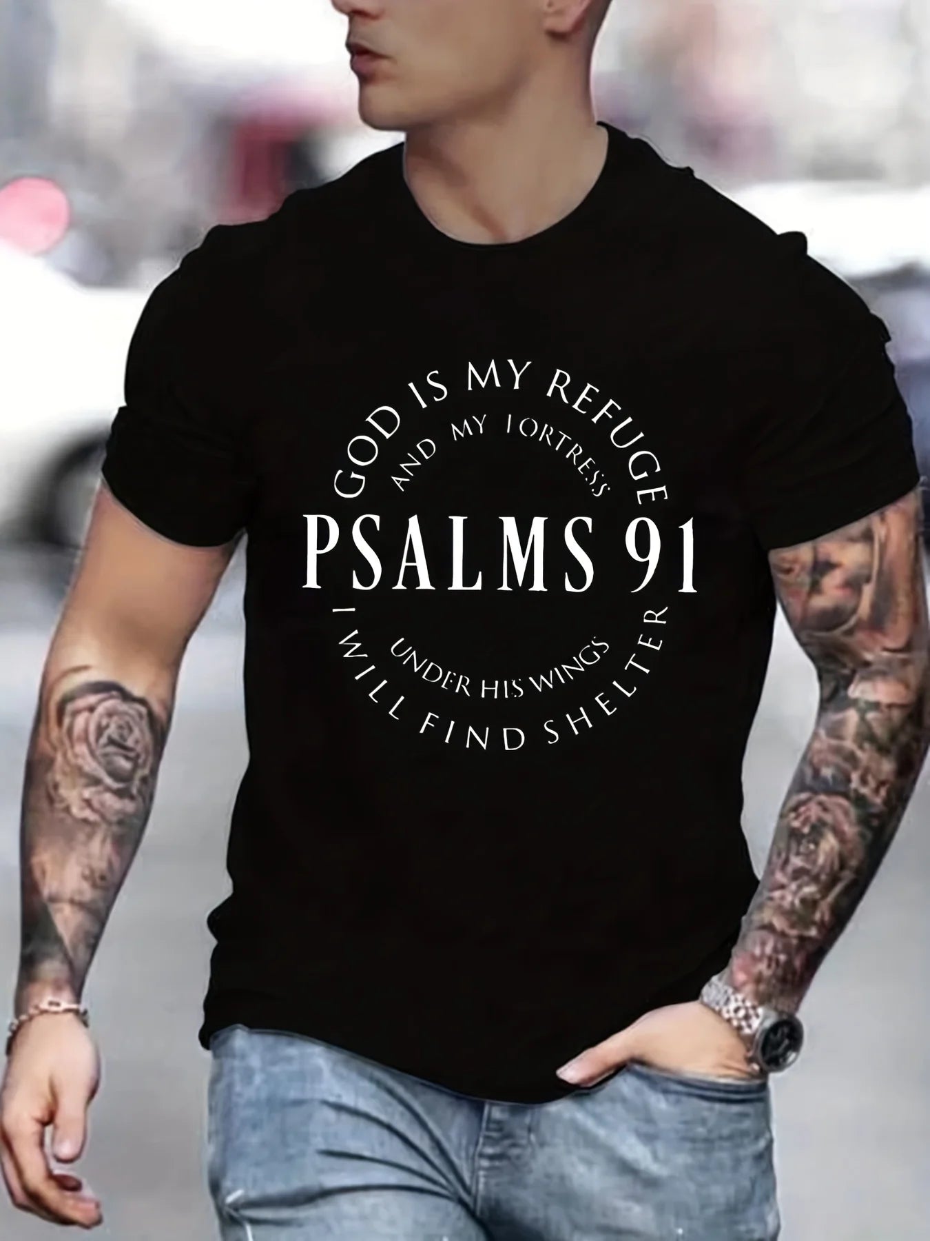 Men’s Psalms 91 T-Shirt – Christian Bible Verse Tee, Short Sleeve, Cotton