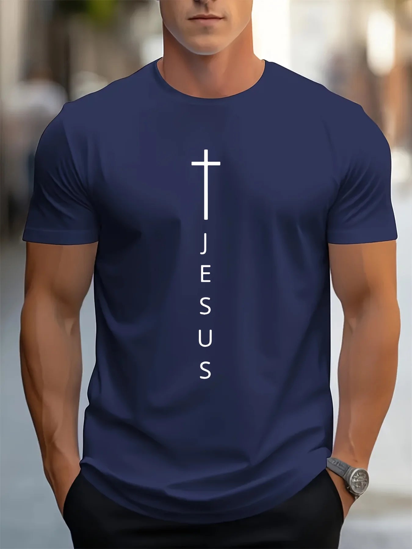 Men’s Casual Cross + Jesus Letter Printed T-shirt – Short Sleeve