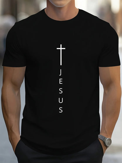 Men’s Casual Cross + Jesus Letter Printed T-shirt – Short Sleeve