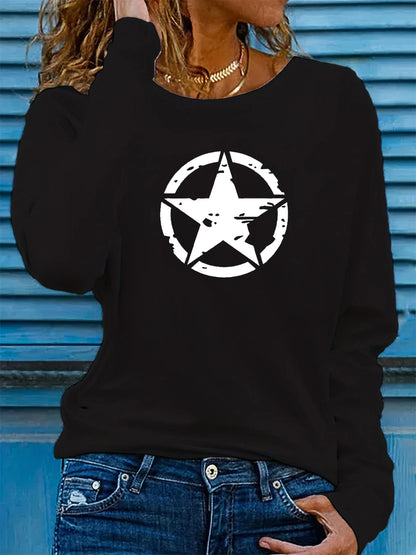 Star Graphic Long Sleeve Casual Sweatshirt – Women’s Comfy Cotton Crewneck Pullover