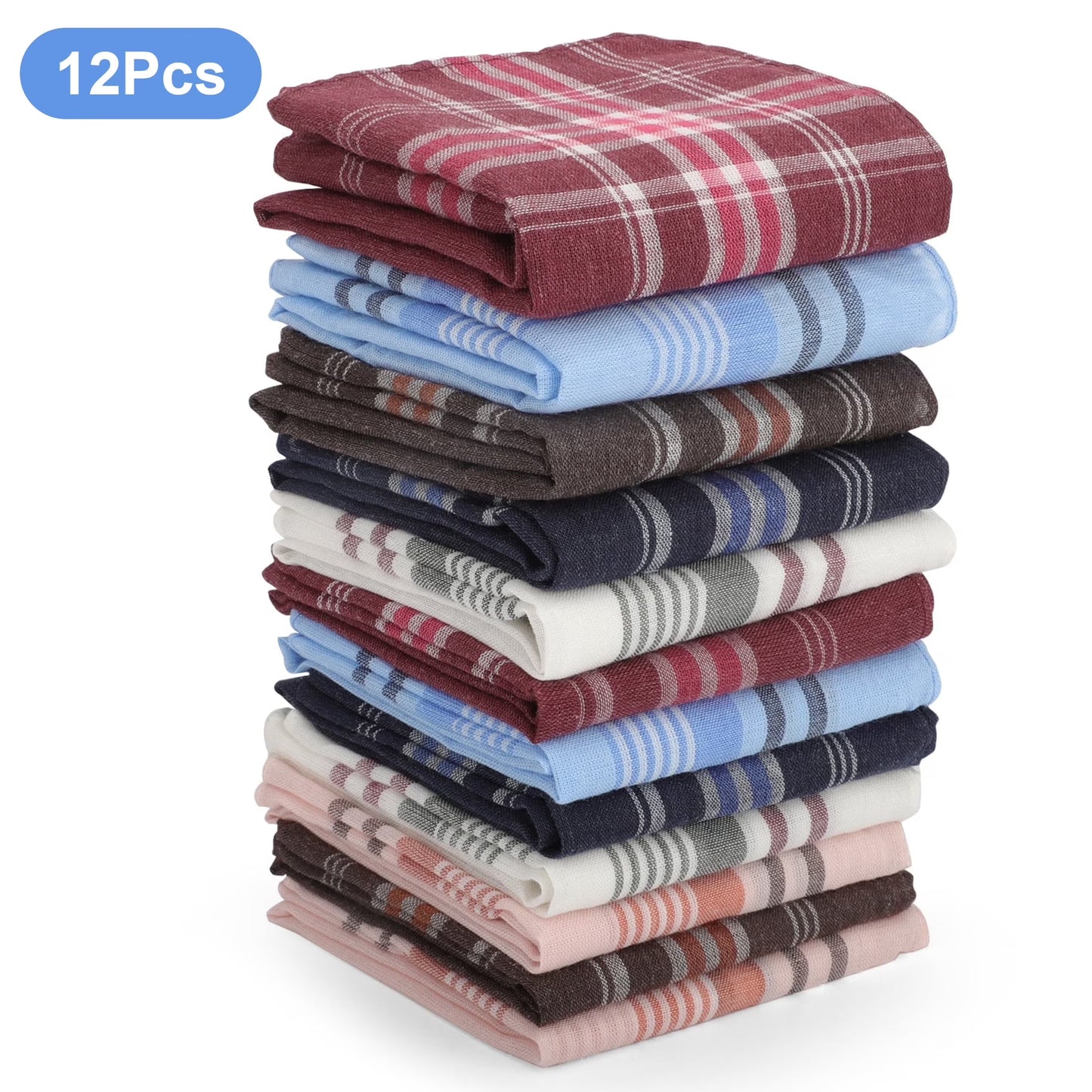 12Pcs Classic Plaid Handkerchiefs for Men,  Soft Cotton Hankies, 14''X14'' Square Pocket
